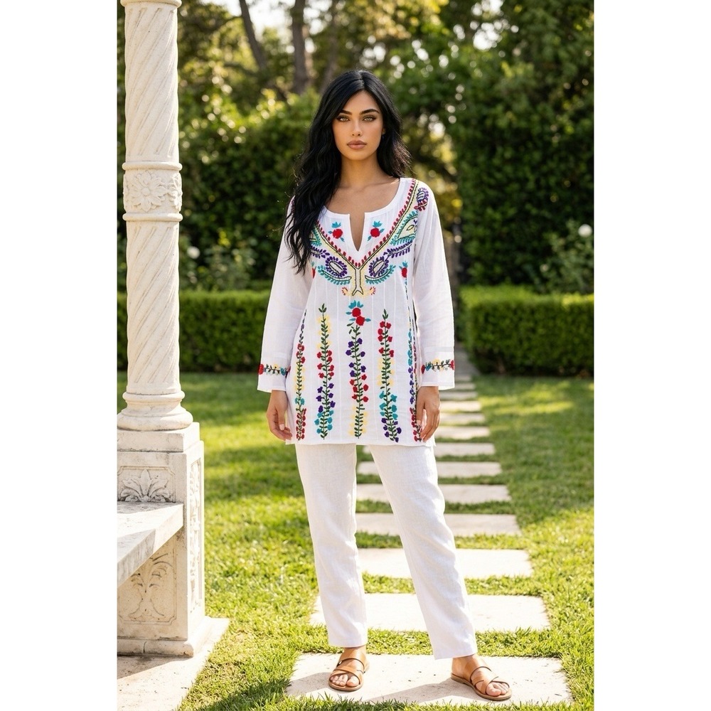 Raj White Floral Embroidered Tunic Top Split V-Neck Cotton Blend Boho Medium